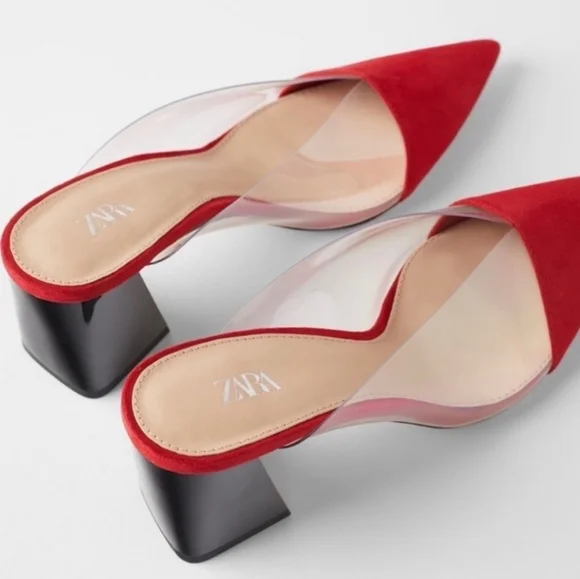 Zara Chunky Block Heeled Mules Vinyl Red High Heels Sexy Business Chic Size US 9 - Picture 1 of 12